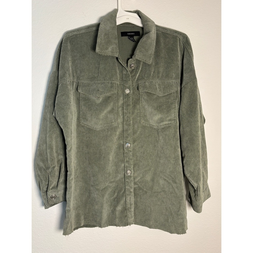Forever 21 Sage Green Corduroy Button Down Shirt Shacket Raw Hem Small